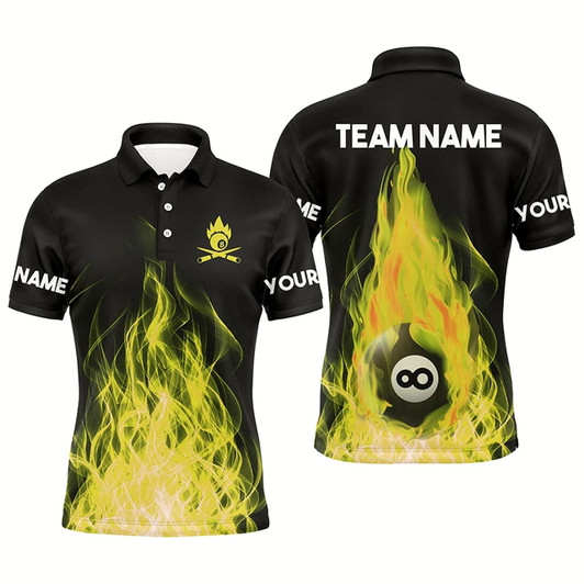 Goofygear Custom Name Yellow Flaming Billiard 3D Polo Shirts For Men Custom Billiard 8 Ball For Team