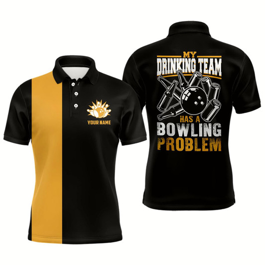 Goofygear Funny Black Yellow Retro Bowling Polo Shirts For Men Custom My Drinking Team Has A Bowling Problem