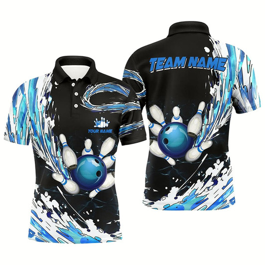 Goofygear Blue Bowling Mens Polo Shirts Custom Bowling Ball Pins Black Bowling Team League Jerseys