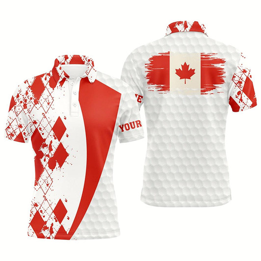 Goofygear Mens Golf Polos Shirts Custom Canadian Flag Red Argyle Pattern White Golf Ball Men'S Golf Shirts