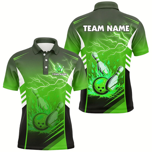 Goofygear Flame Bowling Ball And Pins Lightning Custom Men Bowling Polo Shirts, Team Bowling Jerseys Green