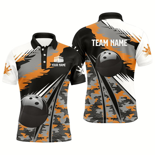 Goofygear Mens Polo Bowling Shirts Custom Black Ball Orange Camo Bowling Team Jersey, Gift For Bowlers Style 1