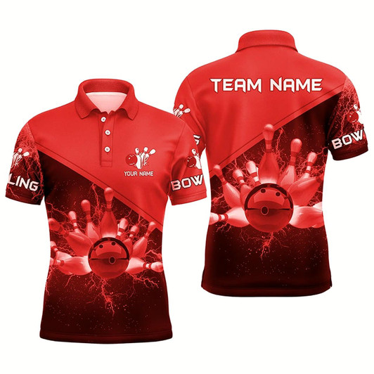 Goofygear Mens Polo Bowling Shirts Custom Red Lightning Thunder Bowling Team Jersey, Gift For Team Bowlers Style 3