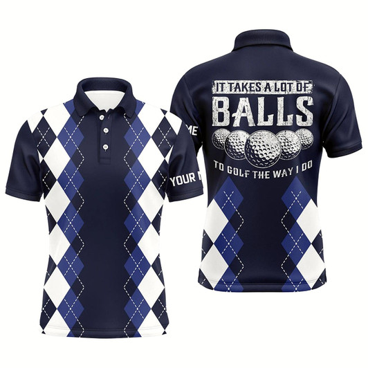 Goofygear Men Golf Polo Shirts Custom It Takes A Lot Of Balls To Golf The Way I Do Argyle Pattern Navy