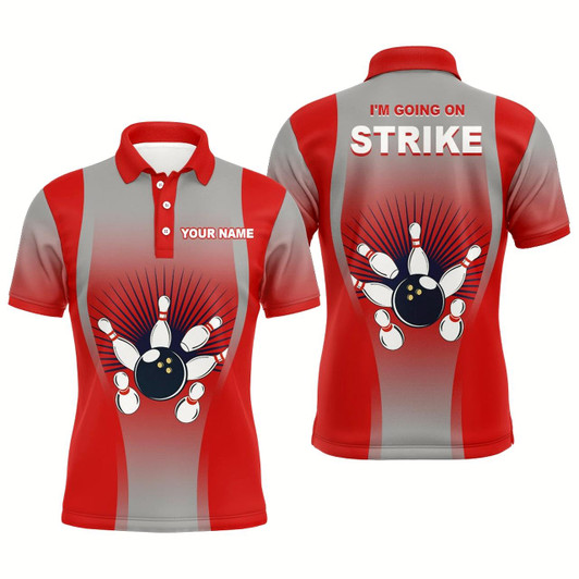 Goofygear I'M Going On Strike Bowling Shirt For Men, Personalized Red Men Bowlers Polo Bowling Jersey