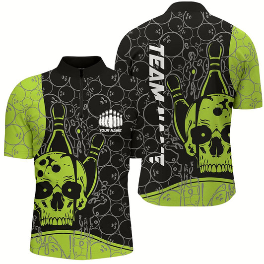 Goofygear Custom Skull Bowling Shirts For Men , Green Bowling Team Jerseys Bowling Polo Shirt