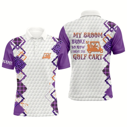 Goofygear Funny Halloween Leopard Mens Golf Polo Shirts Custom My Broom Broke So Now I Drive The Golf Cart