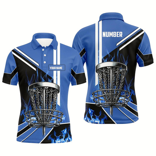 Goofygear Mens Disc Golf Polo Shirt Custom Blue Flame Disc Golf Basket Disc Golf Outfit, Disc Golf Apparel