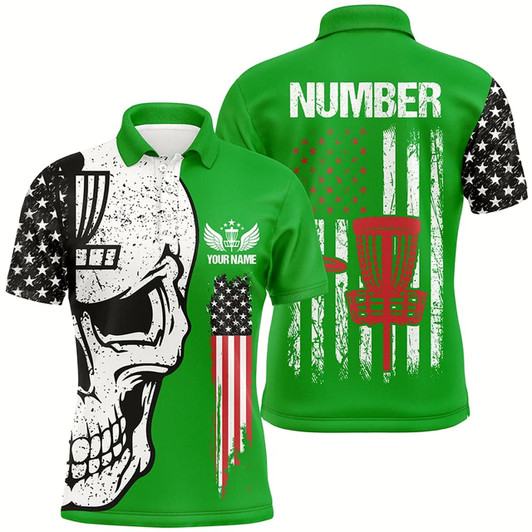 Goofygear Green American Flag Mens Disc Golf Polo Shirts Custom Name, Number Patriotic Disc Golf Skull Apparel