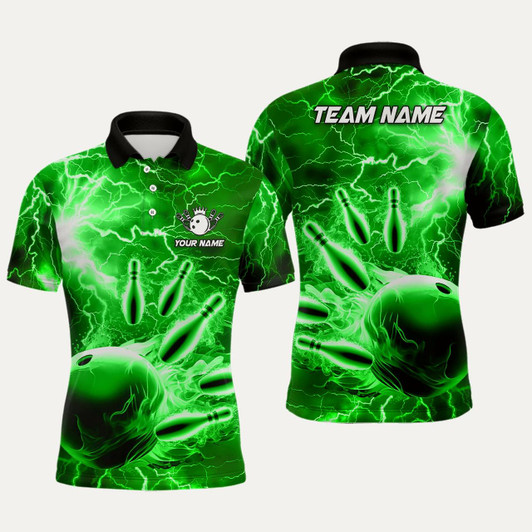 Goofygear Mens Polo Bowling Shirts Custom Green Lightning Thunder Bowling Team Jersey, Gift For Team Bowlers Style 3