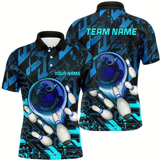 Goofygear Mens Bowling Polo Shirts Custom Blue Abstract Bowling Team League Jerseys, Bowling Gifts For Bowlers
