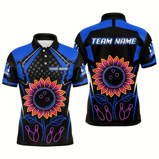 Goofygear Blue Neon Lightning Sunflower Bowling Shirt For Men Custom Team Bowling Polo Bowling Jersey