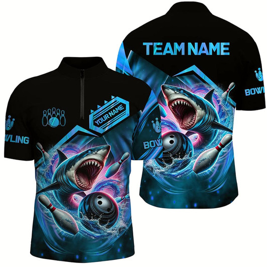 Goofygear Personalized Black And Blue Angry Shark Bowling Shirt For Men Custom Team'S Name Bowler Jersey