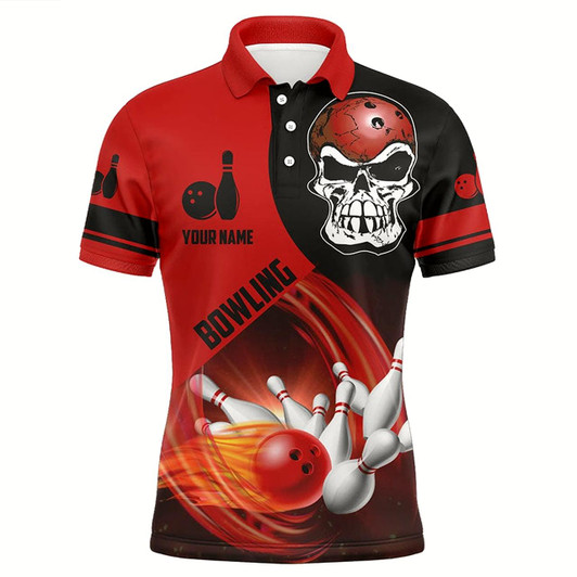 Goofygear Red And Black Bowling Ball And Pins Mens Bowling Polo Shirts Custom Skull Bowling Team Jerseys