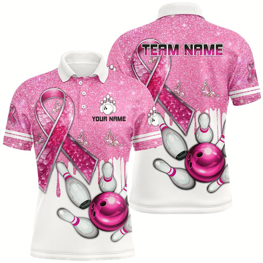 Goofygear Pink Ribbon Glitter Bowling Shirts For Men Custom Team Bowling Jerseys, Breast Cancer Bowling Shirts