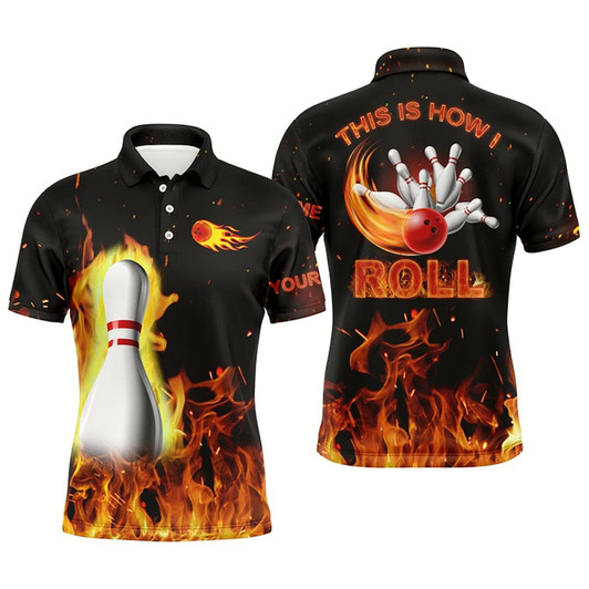 Goofygear Custom Bowling Shirts For Men This Is How I Roll, Black Flame Bowling Shirt, Custom Bowling Jerseys