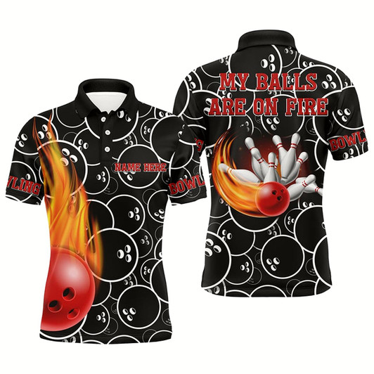 Goofygear Funny Flame Men Polo Bowling Shirt, My Balls Are On Fire Personalized Bowlers Jersey Style 2