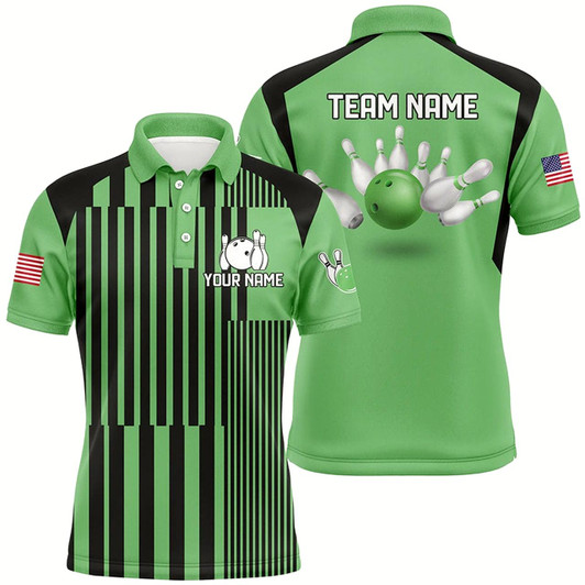 Goofygear Green And Black Stripe Pattern Mens Bowling Polo Shirts Custom Bowling Team Jerseys, Gifts For Bowlers