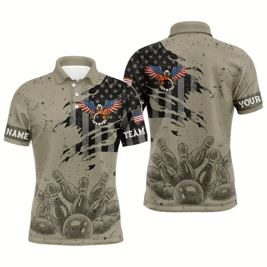 Goofygear Mens Polo Bowling Shirts Custom Retro Bowling Ball Pins Black American Flag Eagle Bowling Team Jerseys