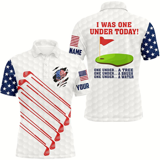 Goofygear American Flag Golf Clubs Custom Mens Golf Polo Shirt I Was One Under Today One Under A Tree Bush Water