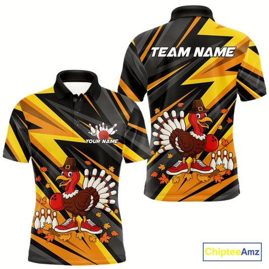 Goofygear Custom Funny Turkey Bowling Shirts For Men, Black And Yellow Camo Thanksgiving Bowling Shirt Team