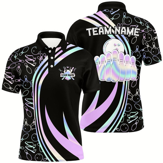 Goofygear Black Mens Polo Bowling Shirts Custom Neon Camo Team League Bowling Jerseys, Gifts For Bowlers