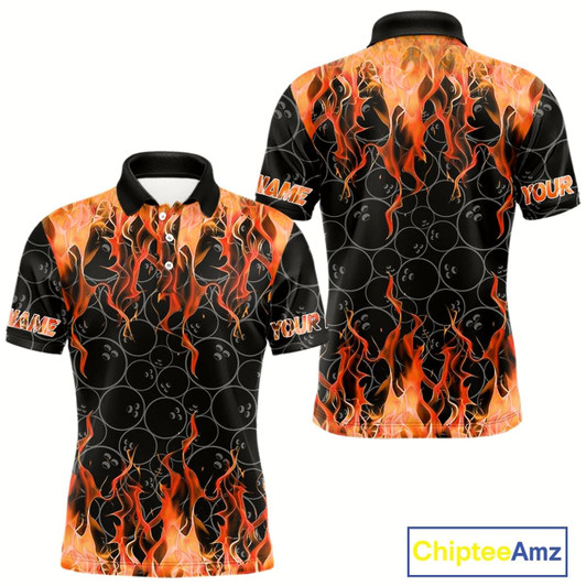 Goofygear Black And Orange Flame Camo Men Bowling Shirts Custom Flame Bowling Shirt Team Bowling Jersey