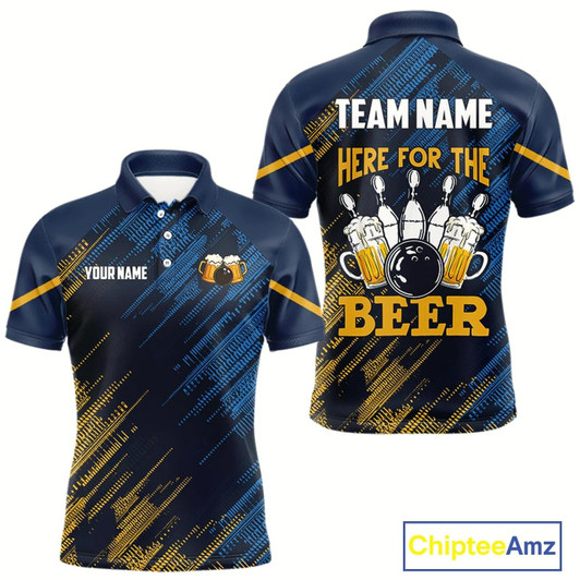 Goofygear Blue And Yellow Pattern Bowling Shirt For Men Custom Here For The Beer Funny Bowling Tournament Shirt