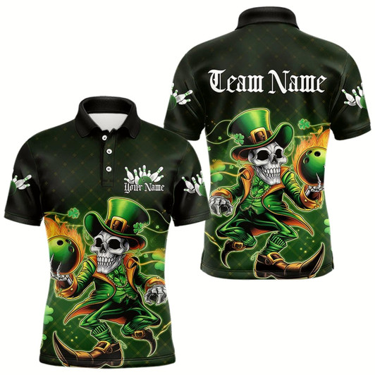 Goofygear Custom Funny St Patricks Day Leprechaun Skull Bowling Team Polo Shirts, Tournament Outfits