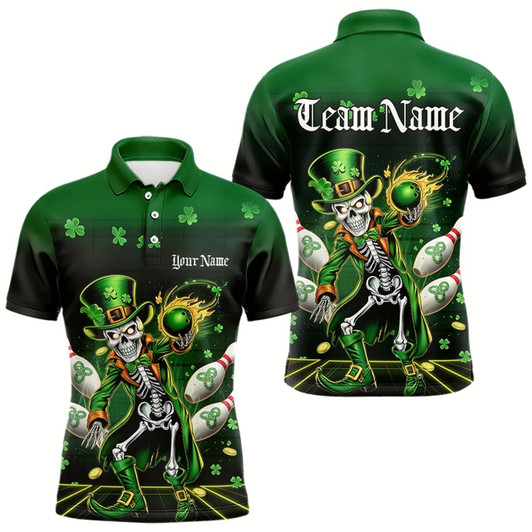 Goofygear Custom St Patricks Day Leprechaun Skull Bowling Team Polo Shirts, Bowling Tournament Outfits
