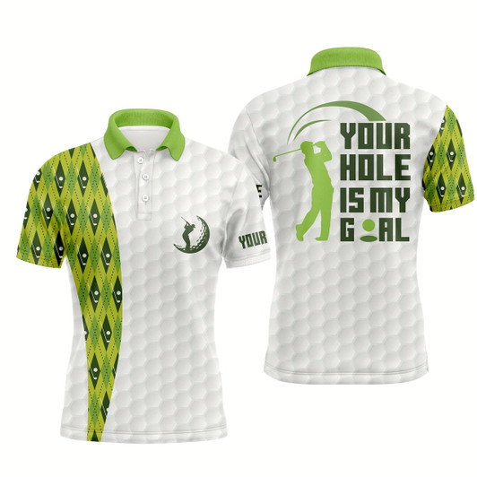 Goofygear Funny Mens Golf Polos Shirts Custom Your Hole Is My Goal Green Argyle Pattern White Golf Balls Shirts