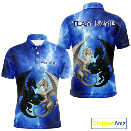 Goofygear Black And White Dragon Blue Lightning Thunder Custom Bowling Shirt For Men, Dragon Bowling Team Shirt