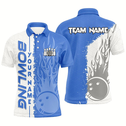 Goofygear Mens Bowling Polo Shirts Custom White And Blue Flame Bowling Ball And Pins Bowling Team League Jerseys