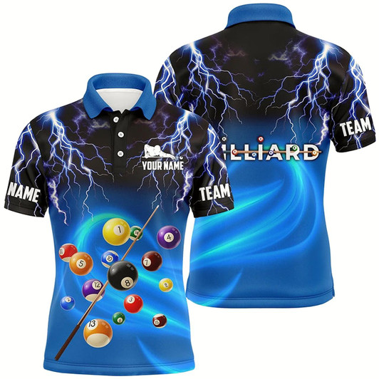 Goofygear Personalized 3D Thunder Lightning Blue Billiard Balls Polo Shirts For Men, Custom Billiards Shirts
