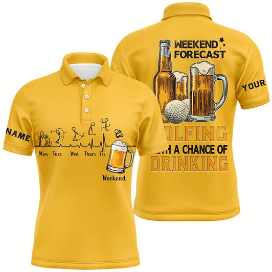 Goofygear Funny Mens Golf Polos Shirts Custom Yellow Golf Top Weekend Forecast Golfing With A Chance Of Drinking