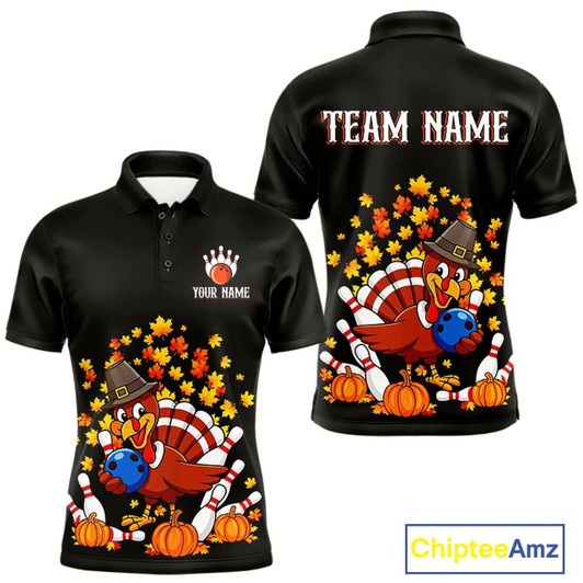 Goofygear Funny Turkey Bowling Shirts For Men, Autumn Leaf Thanksgiving Bowling Tournament Shirts Style 2