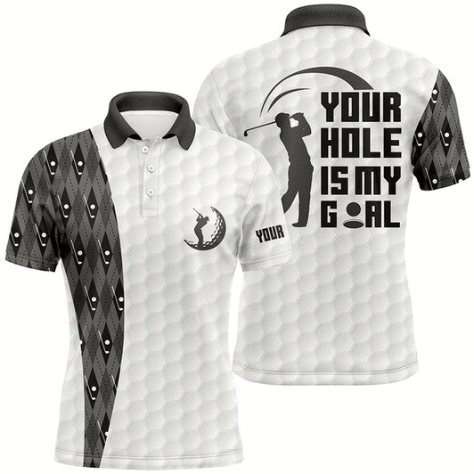 Goofygear Funny Mens Golf Polos Shirts Custom Your Hole Is My Goal Black Argyle Pattern White Golf Balls Shirts