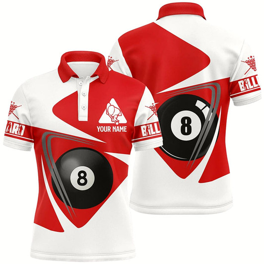Goofygear Personalized White And Red 8 Ball Billiards Polo Shirts For Men, Custom Player Billiards Shirts