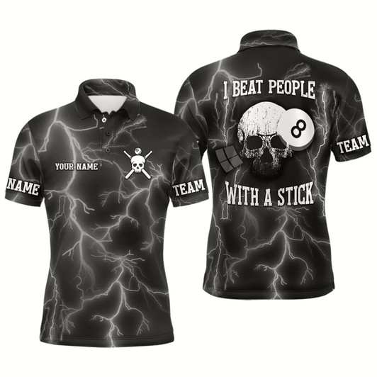 Goofygear Personalized I Beat People With A Stick Billiard Polo Shirts For Men, Thunder Skull Billiard Shirt