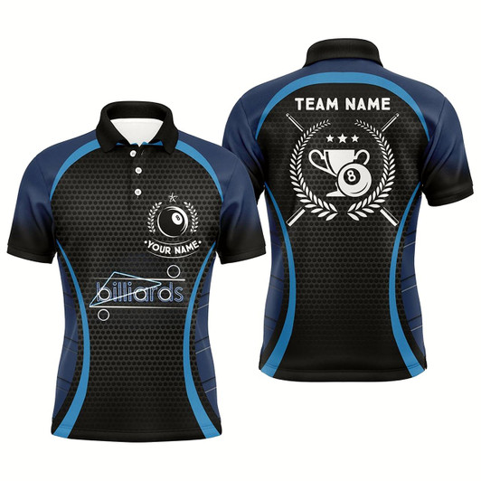Goofygear Personalized Blue 8 Ball Pool Polo Shirts For Men, Custom Billiard 8 Ball Emblem Trophy Jerseys