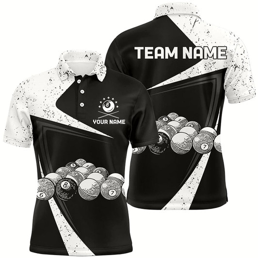 Goofygear Personalized Black White Grunge Billiard Balls Polo Shirts For Men, Custom 8 Ball Pool Team Shirts