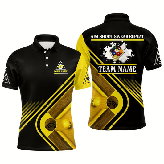 Goofygear Billiards Aim Shoot Swear Repeat Custom Name Billiard Polo Shirts For Men, 9 Ball Team Shirts