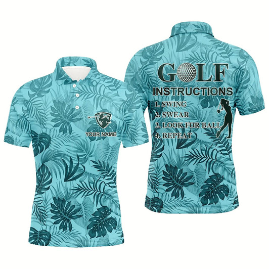 Goofygear Blue Tropical Plants Mens Golf Polos Shirts Custom Golf Instruction Swing Swear Look For Ball Repeat Style 2