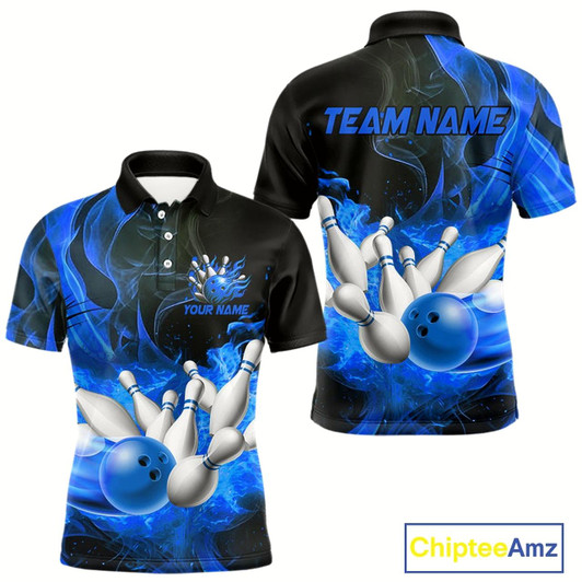 Goofygear Black And Blue Flame Custom Bowling Shirts For Men, Flame Bowling League Shirts Outfits
