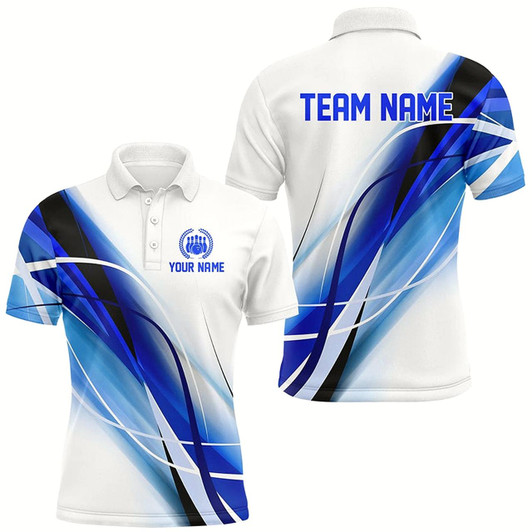 Goofygear Personalized White And Blue Geometric Bowling Shirts For Men Custom Teams Name Bowler Jerseys