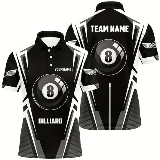 Goofygear Personalized Black White 8 Ball Pool Polo Shirts For Men, Custom 8 Ball Pool Billiards Team Shirts