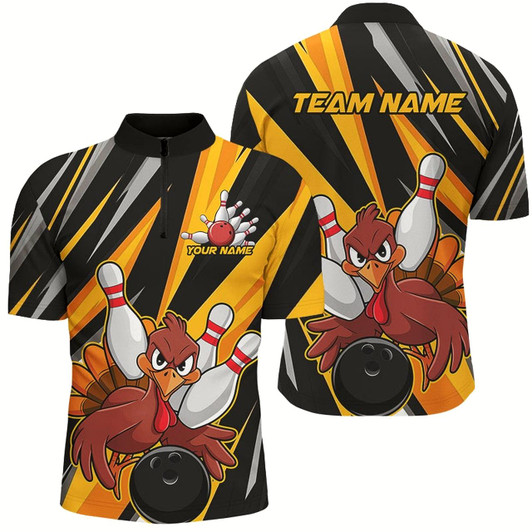 Goofygear Custom Funny Turkey Bowling Shirts For Men, Yellow Thanksgiving Bowling Shirt Team Fall Outfits