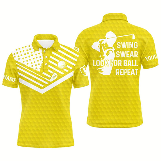 Goofygear Swing Swear Look For Ball Repeat American Flag Custom Name Team Golf Polo Shirts Yellow