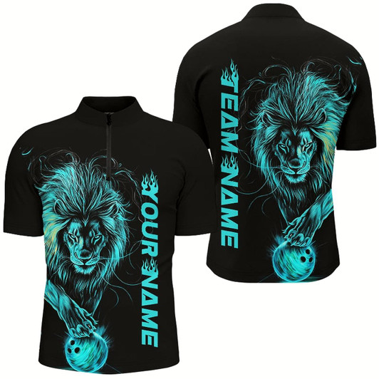 Goofygear Blue Lion Custom Bowling Short Sleeve Shirts For Men, Lion Bowling Team Shirt Bowler Outfits Style 3