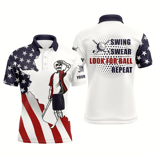 Goofygear American Flag Patriotic Mens Golf Polos Shirts Custom Name Golf Skull Swing Swear Look For Ball Repeat Style 1
